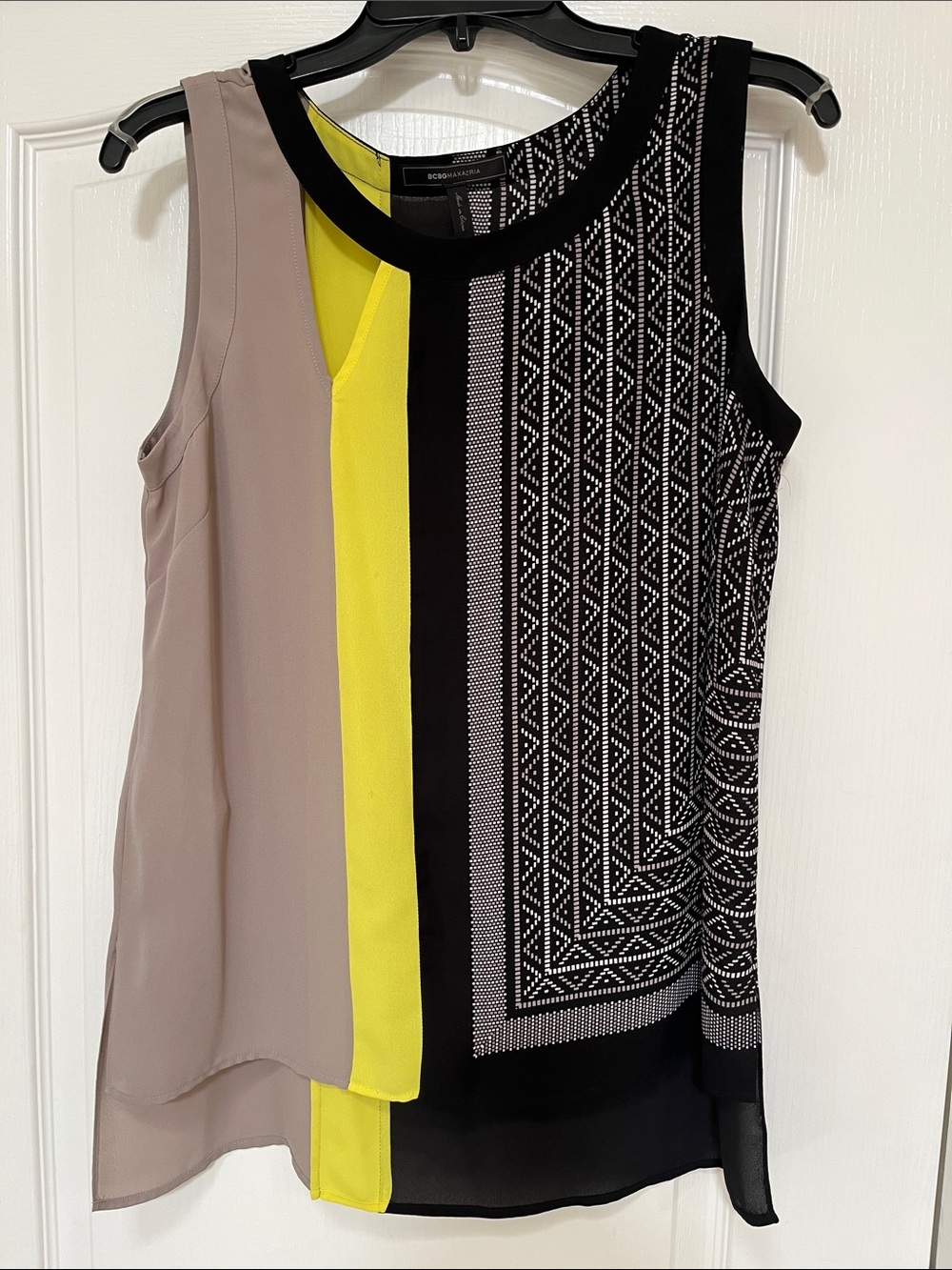 BCBGMaxAzria Sleeveless Colorblock Geometric Print Top - Black, Yellow & Taupe